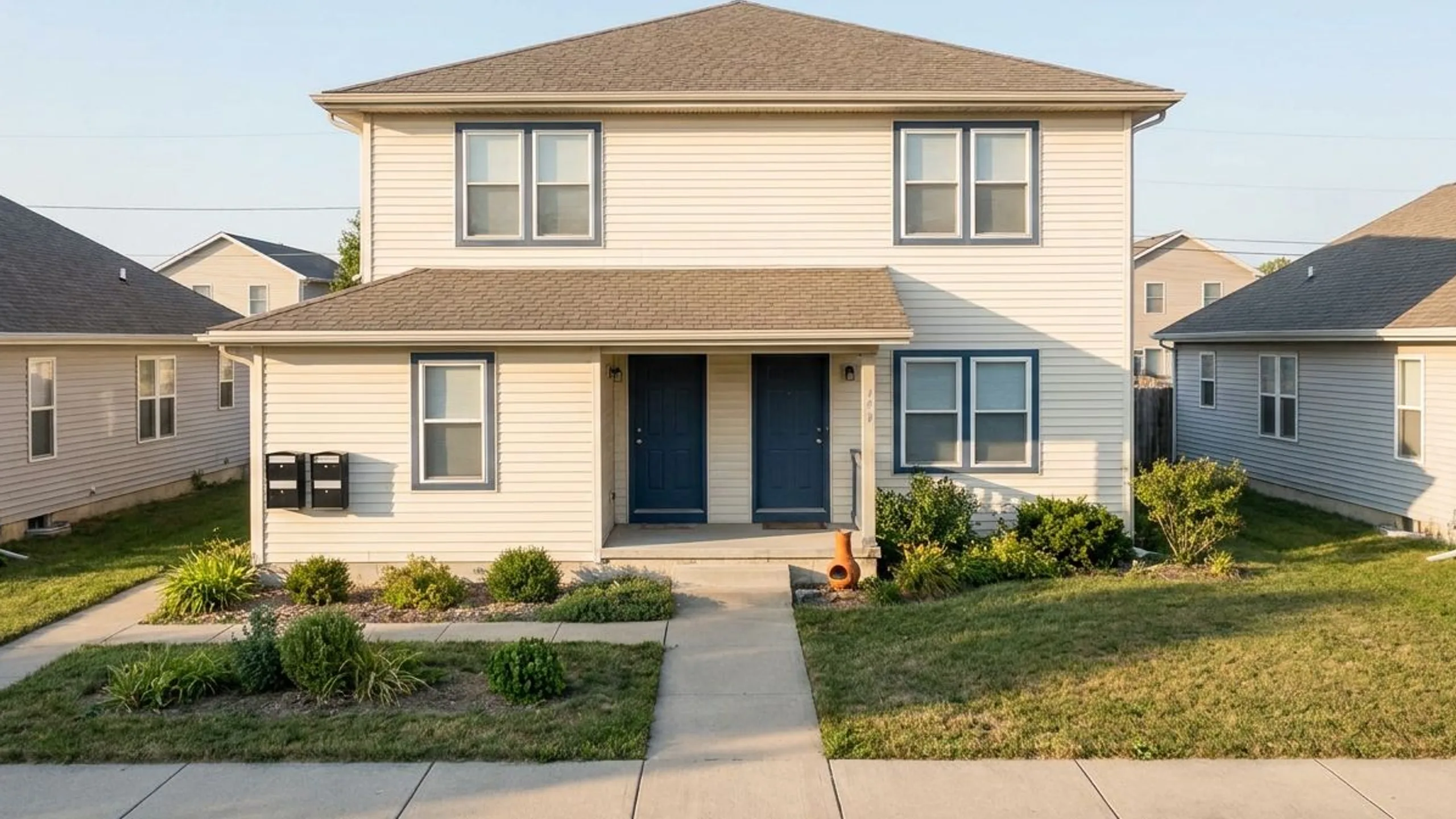 Small duplex or triplex exterior with twin front doors representing house hacking and single family vs duplex house