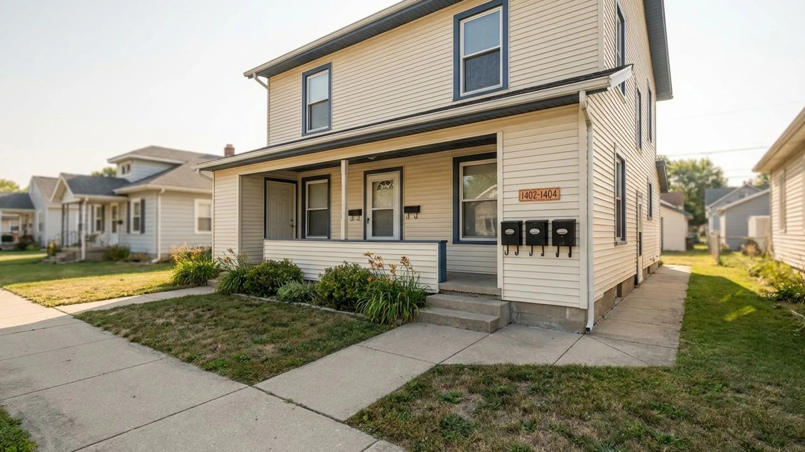 Small duplex or triplex exterior with twin front doors representing house hacking and how to split utilities with