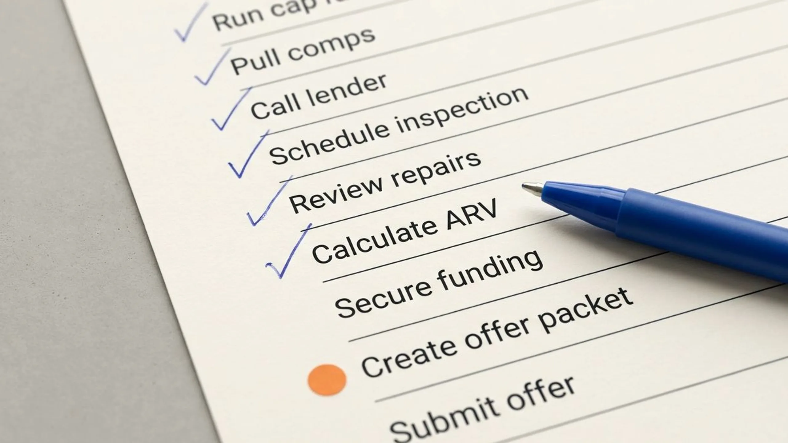 Printed real-estate process checklist with partial ticks for wholesaling real estate pros and