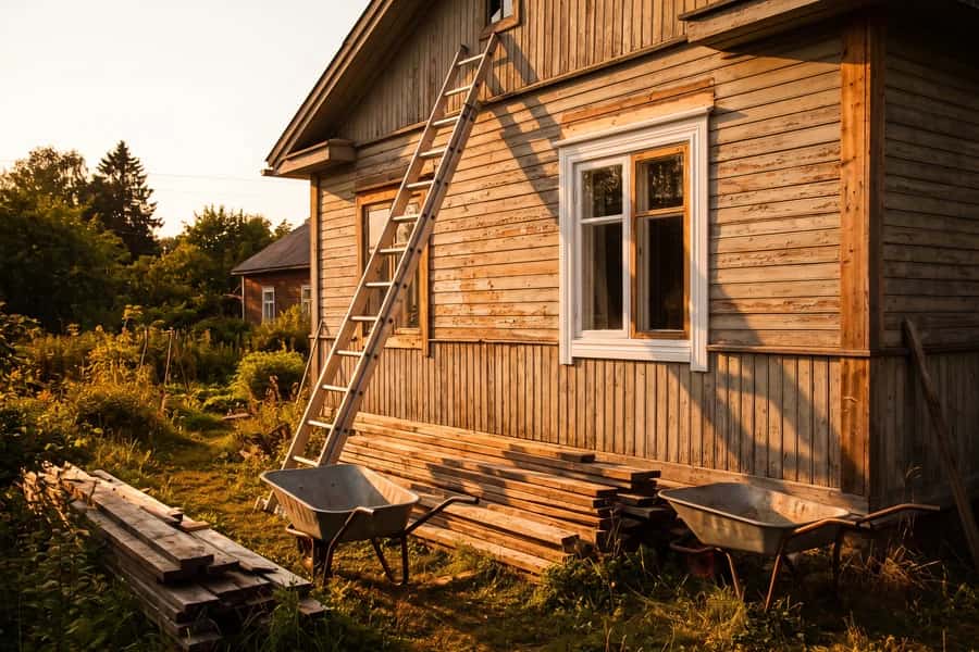 A small house mid renovation with a ladder and stacked lumber in the yard