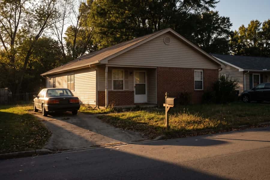 A plain single family rental house on a quiet street at golden hour