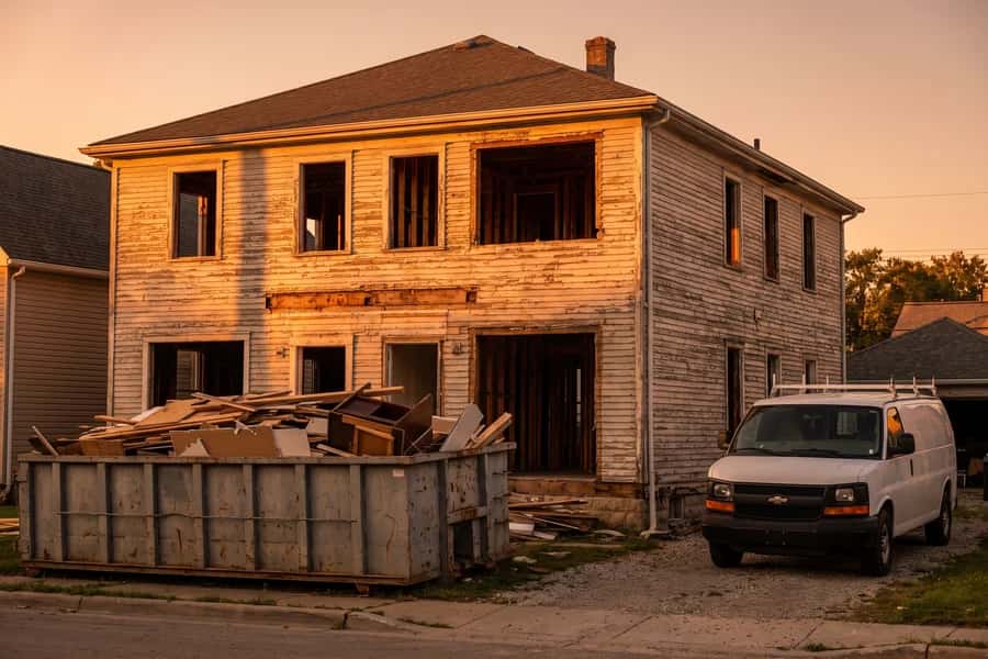 A distressed house being gutted with a debris dumpster at the kerb
